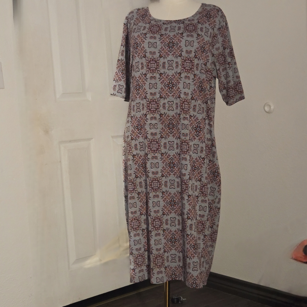 LuLaRoe Light Blue and Brown Patterned Midi Dress